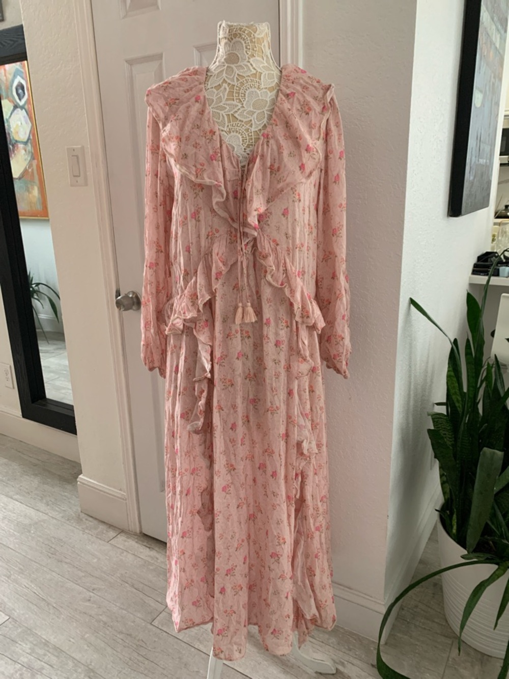SPELL Fleur Ruffle Gown Pink Champagne Floral Ruffle Maxi Dress - Size Medium - Picture 5 of 13